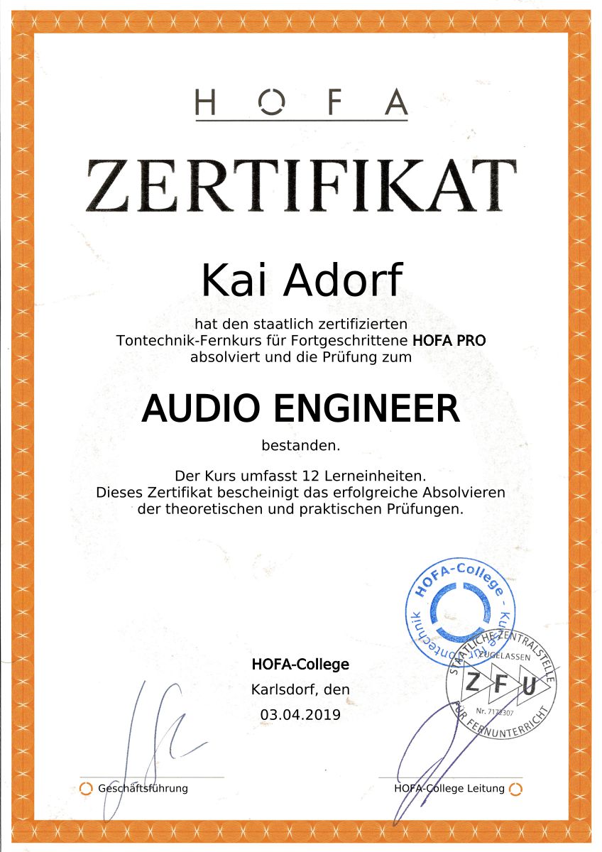 Zertifikat Audio Engineer